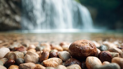 Fototapeta premium organic river rock in foreground with subtle water droplets, clear mountain waterfall background, clean transparent flow, soft depth of field