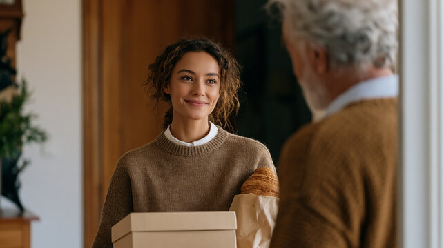 Elderly widower opening apartment door to smiling young companion volunteer carrying board game box and bakery bag, social isolation prevention, senior friend program, mental health support, communi