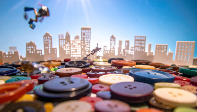 A tiny jumping figurine explores a miniature cityscape made of colorful buttons beneath a bright blue sky.