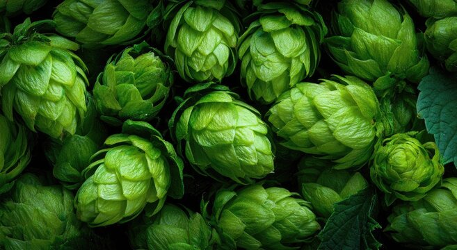 Close-up Macro View of Fresh Green Hops Cones for Brewing.