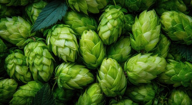 Close-up of Fresh Green Hops Cones Ready for Brewing Beer.