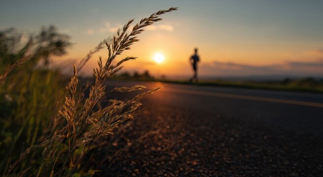 Silhouette of a runner on a road at sunrise with a field of grass in the foreground.