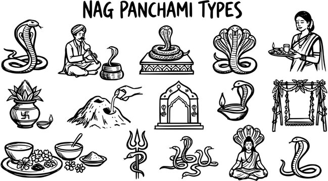 Nag Panchami Types: Indian Festival Icons, Cobra, Worship, Line Art