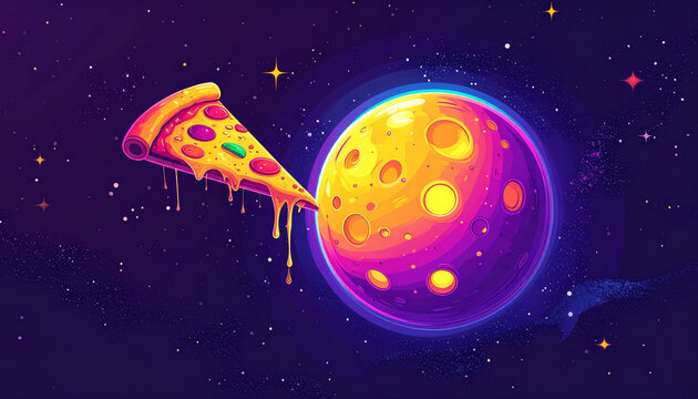 A slice of pizza orbits a cheese planet in a cosmic, starry expanse, showcasing an imaginative culinary adventure.