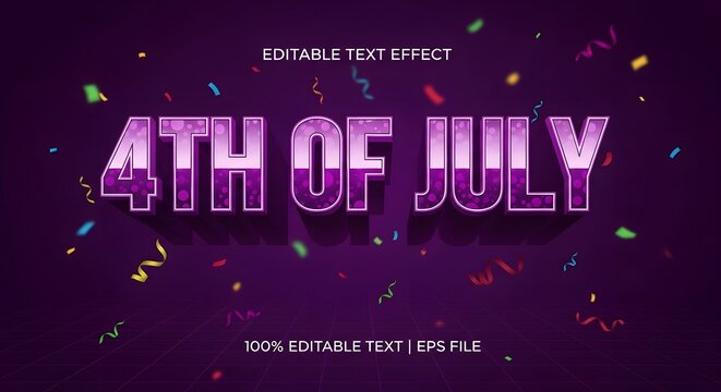 4th of july editable text effect, purple background with confetti and grid, independence day celebration typography style, vector graphic design
