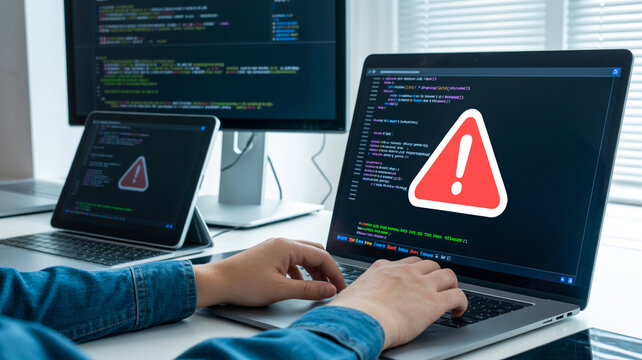 A programmer works on a laptop displaying code, with a prominent red warning triangle overlay on the screen, indicating a system error or alert.
