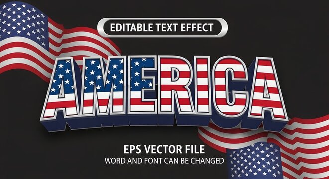 America 3d editable text effect with american flag pattern, patriotic typography design for independence day or national holiday celebration graphics