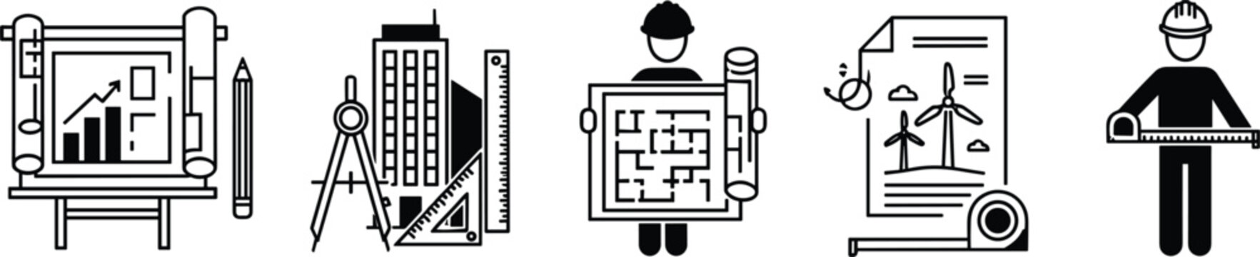 Architecture and engineering construction line icon set featuring blueprints building design tools and industrial workers vector