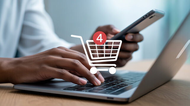 A person uses a laptop and smartphone, with a shopping cart icon indicating four items in a notification bubble, signifying an online purchase.
