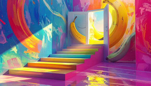 A vibrant, surreal doorway opens from a colorful staircase into a painting of a smiling banana.