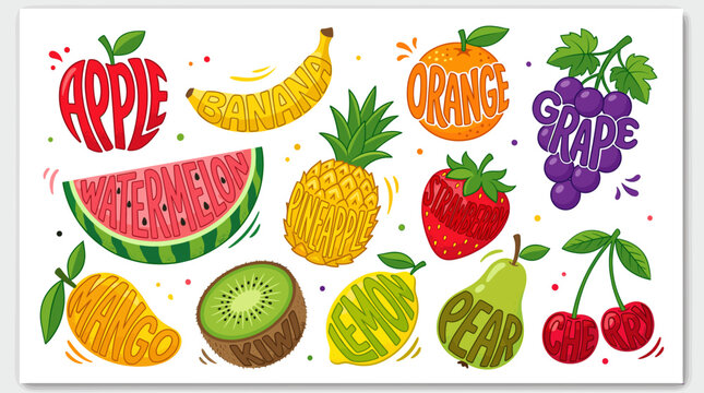 Typography fruit lettering vector illustration featuring colorful healthy fruits shaped by their text names including apple banana orange watermelon and pineapple for organic food design.