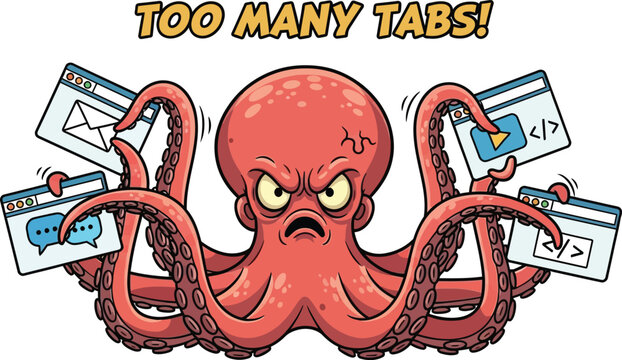 Angry octopus character holding too many browser tabs open, multitasking and digital overload concept, cartoon vector illustration isolated on white background