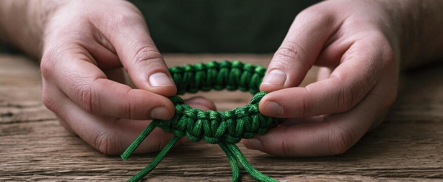 Hands weaving a vibrant green paracord bracelet on a rustic wooden surface.