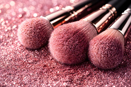 Three professional cosmetic brushes with rose gold ferrules lying on a sparkling pink glitter background, perfect for beauty and makeup concepts.