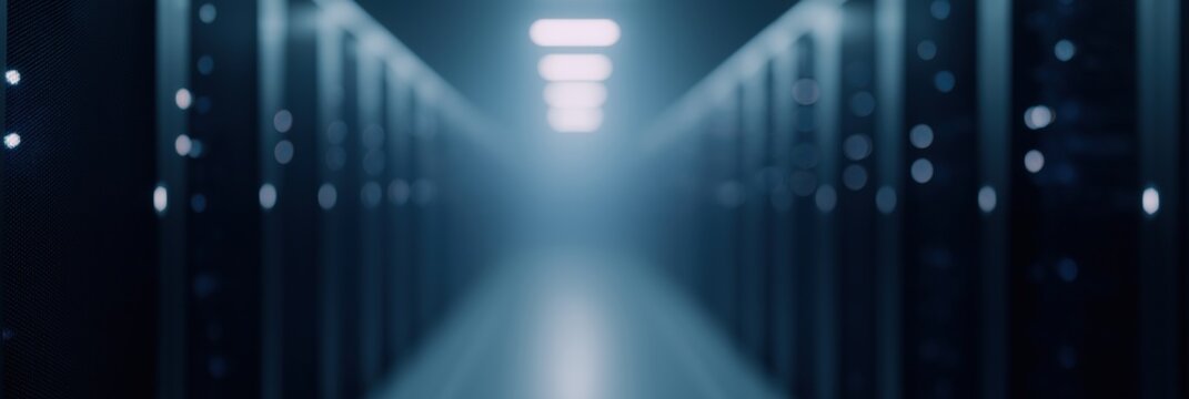 Rows of server racks in data center, symmetrical perspective, cool blue light. Modern digital infrastructure concept