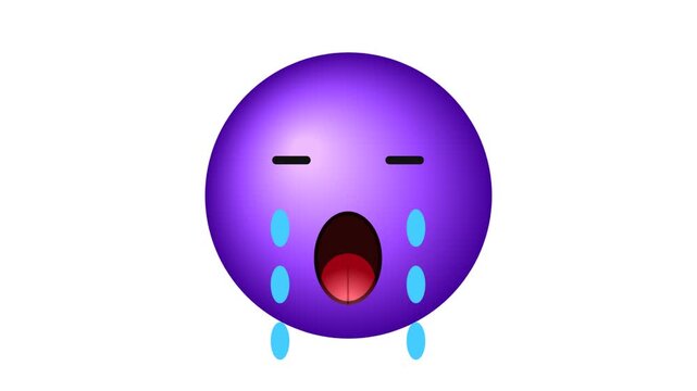 A purple crying emoji icon with blue tears streaming down a sad face on white ground