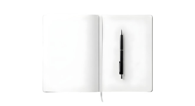 A black pen lies open on a clean notebook page with transparent background.