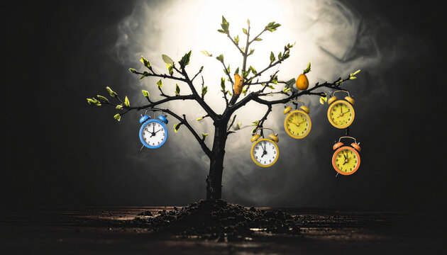 A surreal tree of time, with branches adorned with miniature alarm clocks and colorful springs, symbolizing the growth and passage of moments.