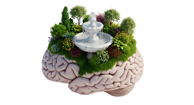 Brain with a serene fountain and lush greenery on top surrounded by trees