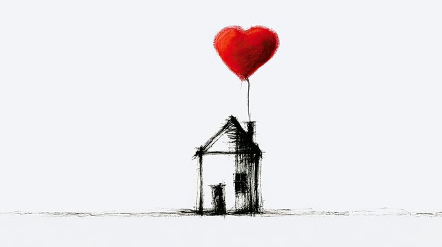 Simple sketch of a house with a red heart balloon floating above its chimney