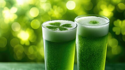 Festive green drinks with clover foam, celebrating Irish holiday joy