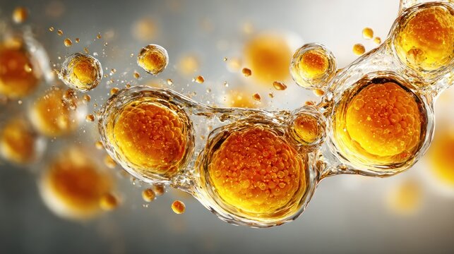 Illuminated biological spheres suspended in a clear fluid demonstrate cellular processes.