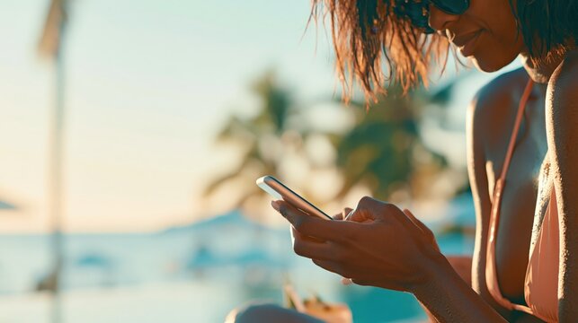 Smiling woman in sunglasses and a bikini holding a smartphone and looking at the screen by the pool on a sunny day