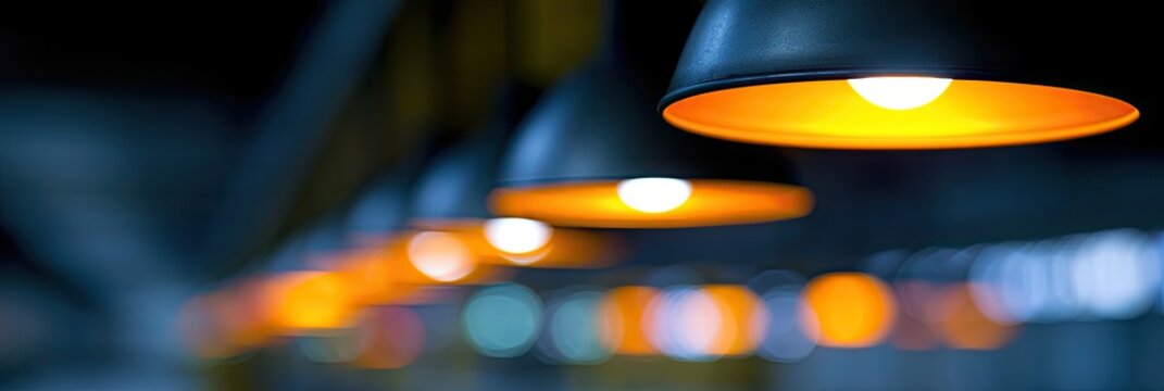 Row of illuminated pendant lights create a warm glow in the dark