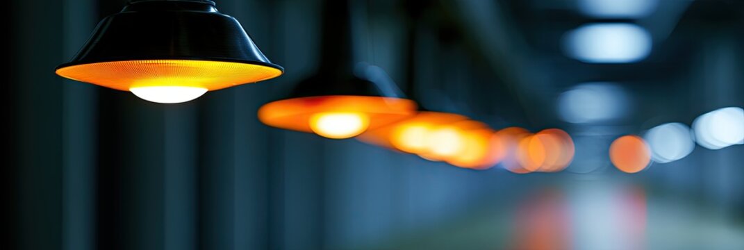 Row of illuminated pendant lights with warm orange glow against dark background