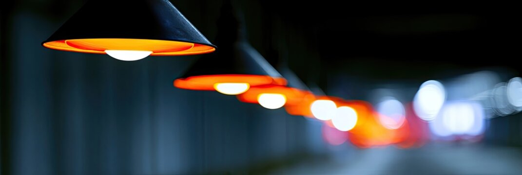 Row of warm glowing pendant lights in soft focus, with blurred background