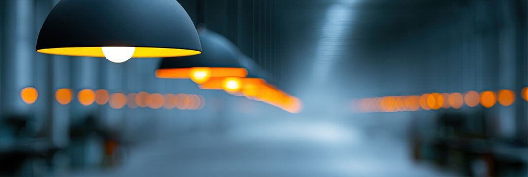 Industrial interior with hanging lights and blurred orange glow