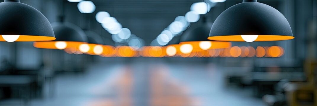 Row of dark pendant lamps with orange glow illuminating a blurred aisle