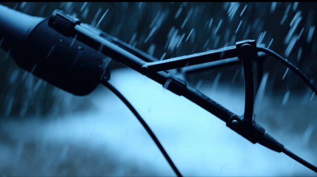 Behind scenes microphone boom arm in rain cinematic moody audio recording setup