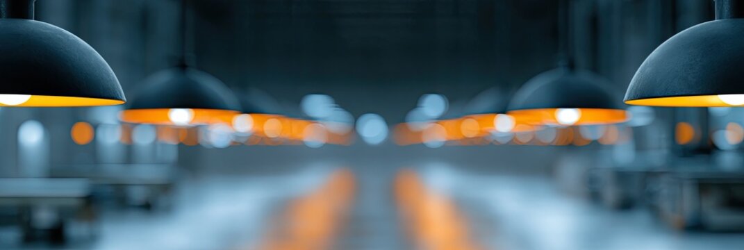 Rows of pendant lights with orange glow illuminate a blurred industrial or warehouse space