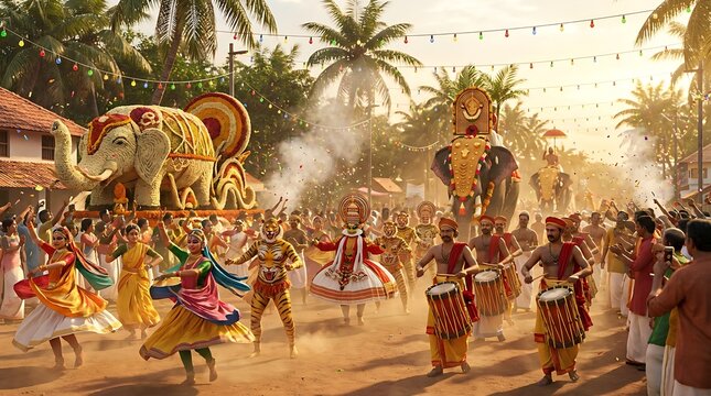Colorful parade with decorated elephants and performers outdoor celebration