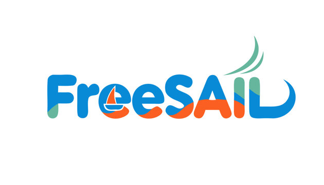 Close-up adventurous typography featuring the word FreeSAIL with sky blue, sunset orange, and seafoam green gradient accents, subtle sailboat and wind-flow details integrated into the text, modern cle