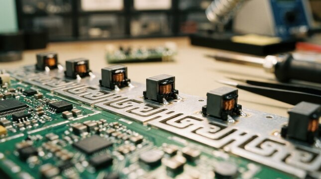 Medium shot focusing on pulse SMD transformers on lead frames emphasizing tiny components and robust assembly for highfrequency switching circuits in compact devices.