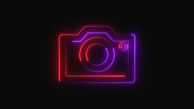 A neon camera icon glows brightly against a dark background