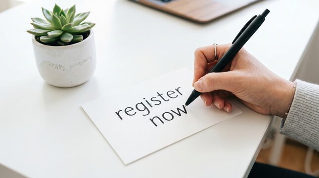 Person writing register now text on paper with black pen register calligraphy subscription succulent workspace