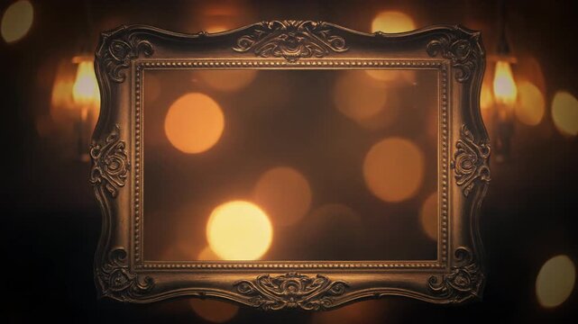 Elegant antique picture frame with soft glowing golden bokeh lights moving in the dark background