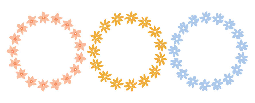 A set of floral wreaths with cute pink, yellow and blue flowers. Botanical circle frames isolated on white background. Perfect for wedding invitation, logo, greeting card, and decorative design.