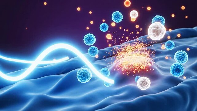 Cinematic Visualization Of Vibrant Blue Medical Cells And Glowing Sparks On Soft Wave-Like Surface Representing Health And Biological Processes
