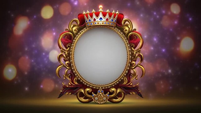 Ornate golden royal frame with a crown moving against a shimmering purple bokeh light background