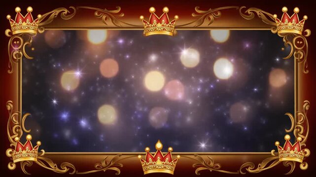 Golden crown border framing a magical glowing background with sparkling light particles in slow motion