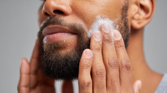 African American man applying facial cleanser to his beard while looking in the mirror, showcasing skincare routine and grooming habits in a neutral setting