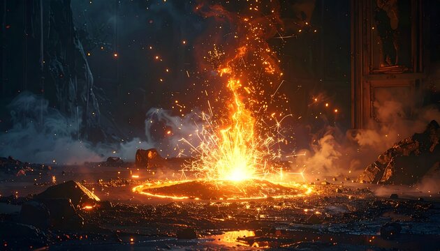 A massive explosion occurs in an industrial area at night