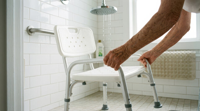 Shower safety solutions elderly concept. Elderly person adjusting a white shower chair in a bright, accessible bathroom with tiled walls.