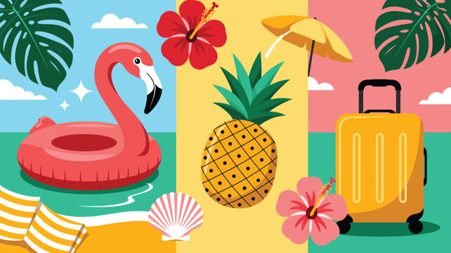 Tropical vacation and summer fun illustration. Featuring flamingo float pineapple hibiscus flowers and travel luggage with umbrella.