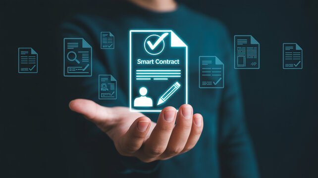 A person holding out their palm displaying a glowing icon of a smart contract surrounded by other contract-related documents.