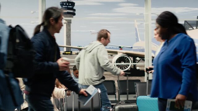 Motion-blurred passengers cross a busy airport lounge while other travelers sit and wait by metal seats, aircraft windows and departure gate seating.